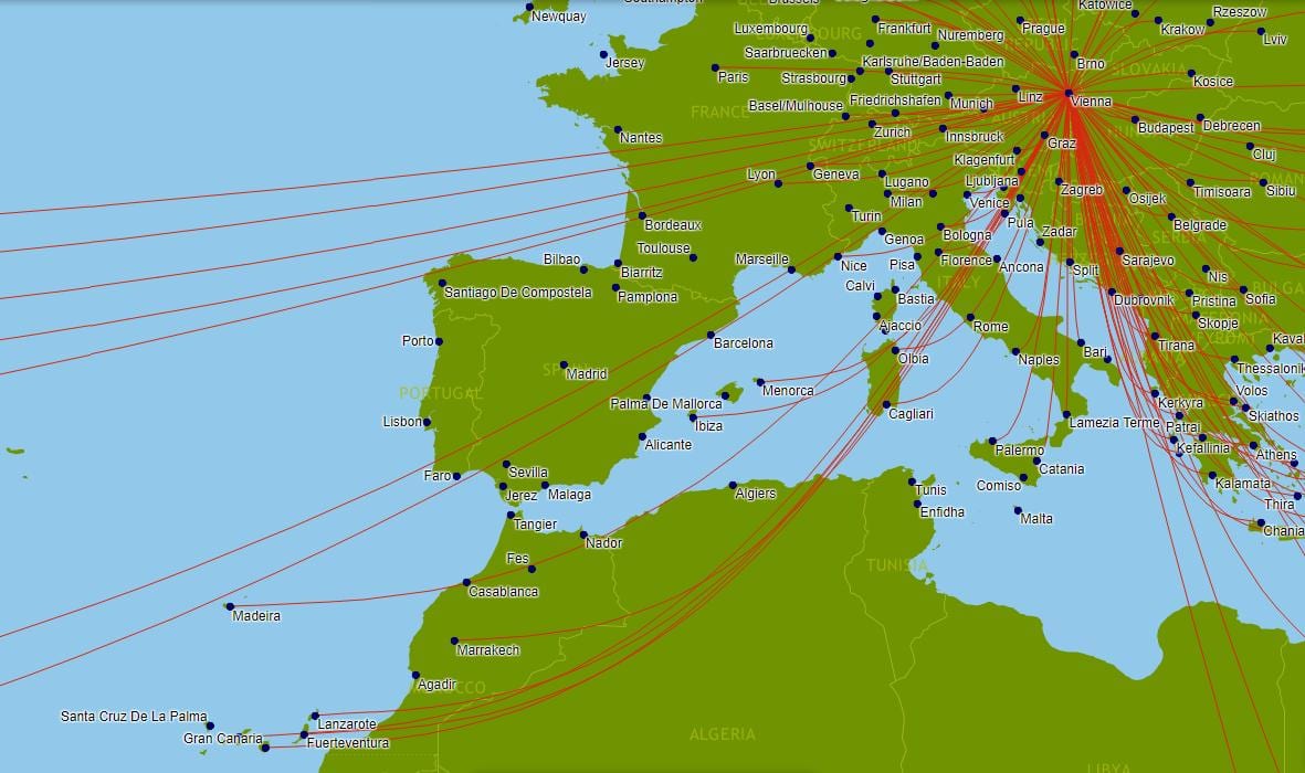austrian airlines mapě