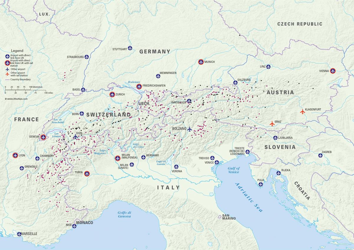 mapa rakousko lyžařská střediska letišť