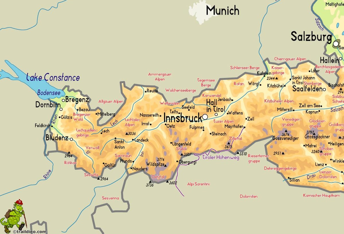 mapa mayrhofen, rakousko