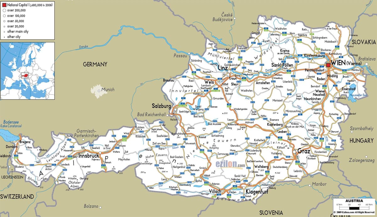 podrobná mapa rakouska s městy