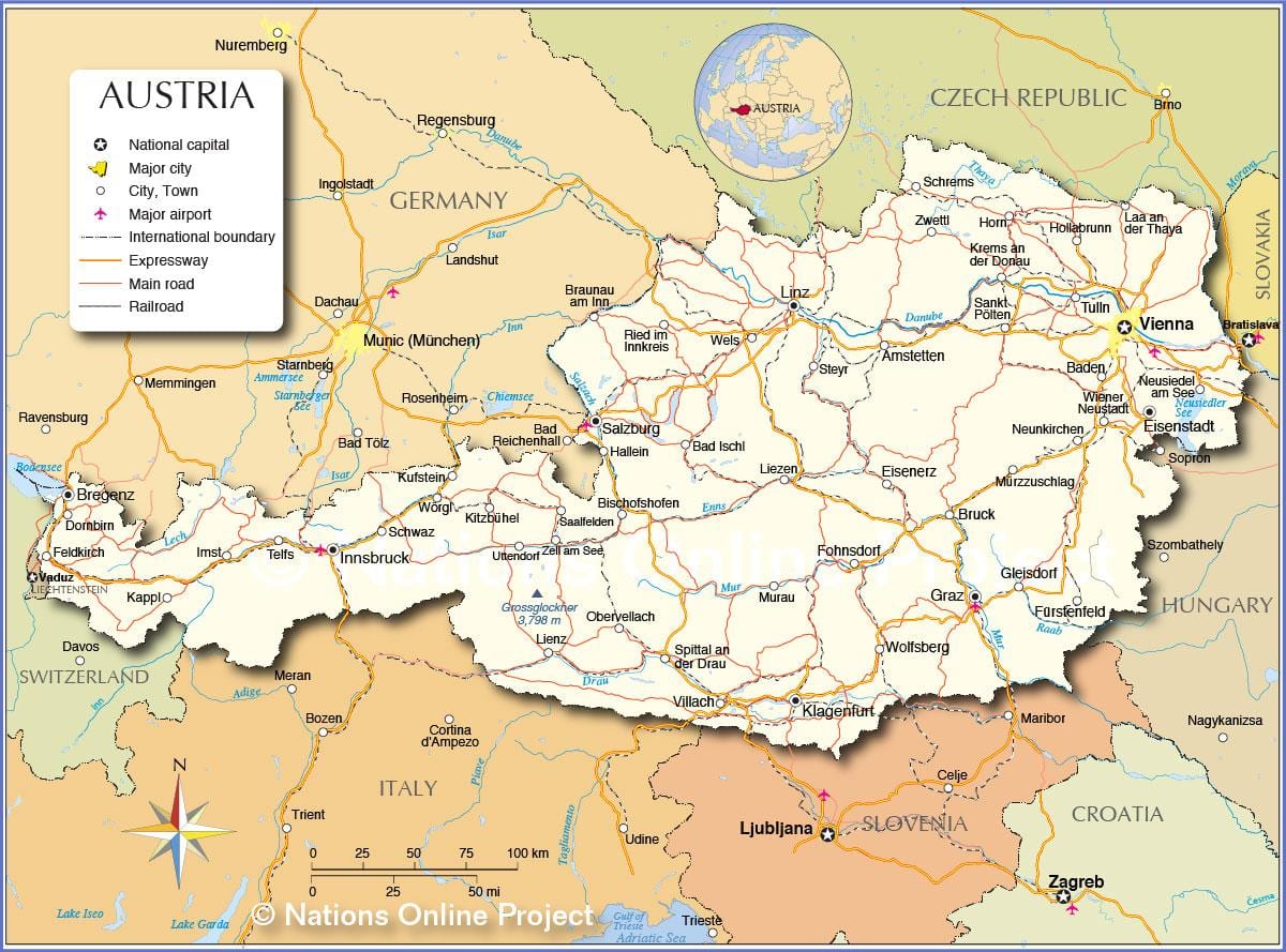 mapa rakouska s měst a obcí